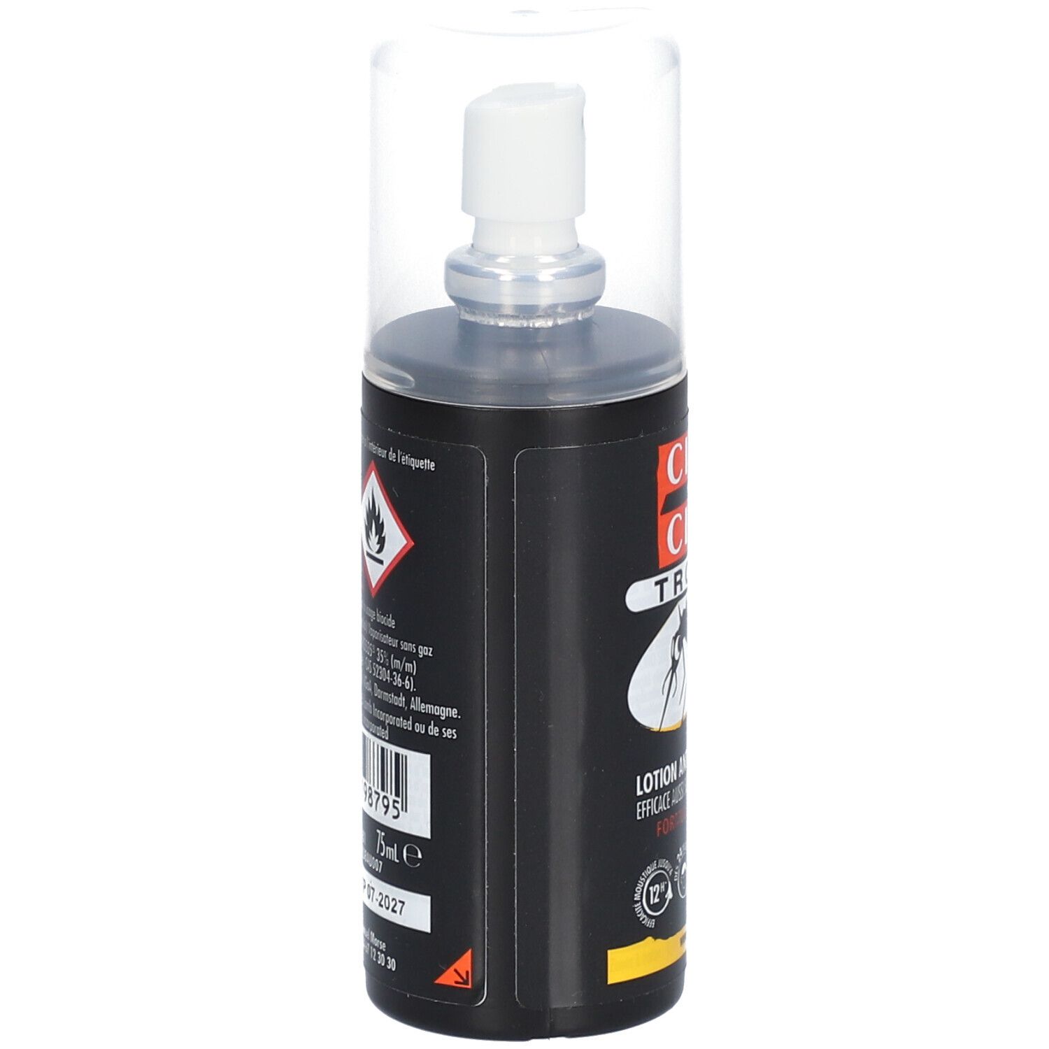 Zwarte fles met verstuiver. Opschrift: CINQ SUR CINQ TROPIC. Illustratie van een mug. Tekst: Lotion Anti-Moustiques.