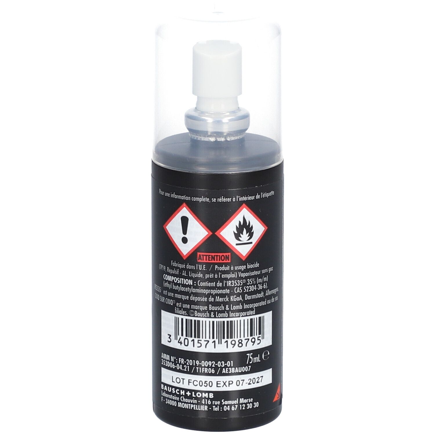 Zwarte fles met verstuiver. Opschrift: CINQ SUR CINQ TROPIC. Gevaar pictogrammen en tekst.