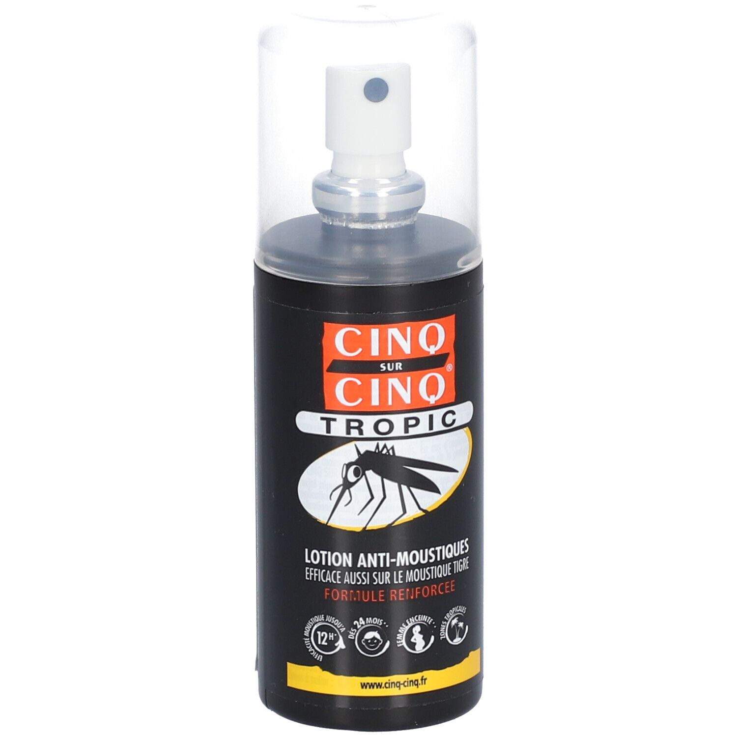 Zwarte fles met verstuiver. Opschrift: CINQ SUR CINQ TROPIC. Gevaar pictogrammen en tekst.