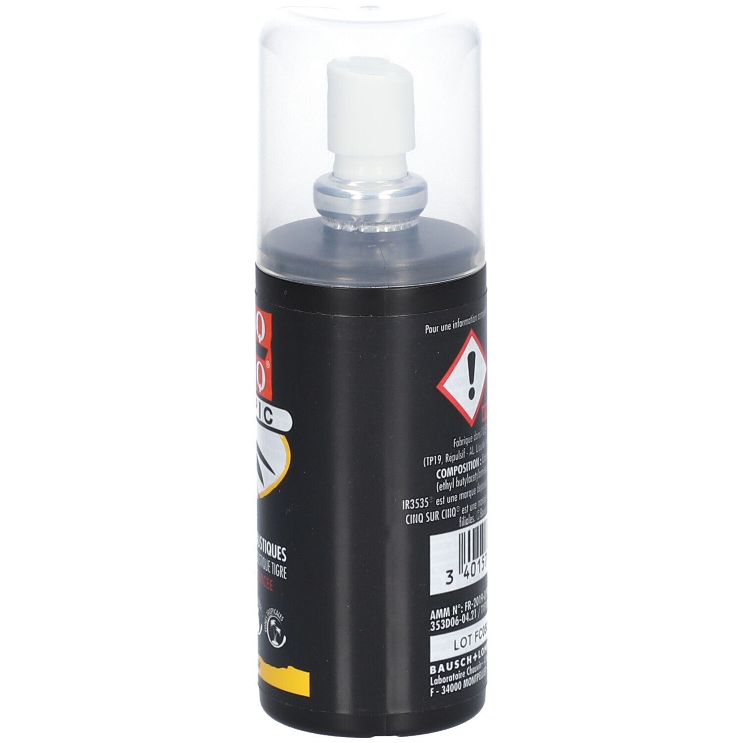 Zwarte fles met verstuiver. Opschrift: CINQ SUR CINQ TROPIC. Gevaar pictogrammen en tekst.