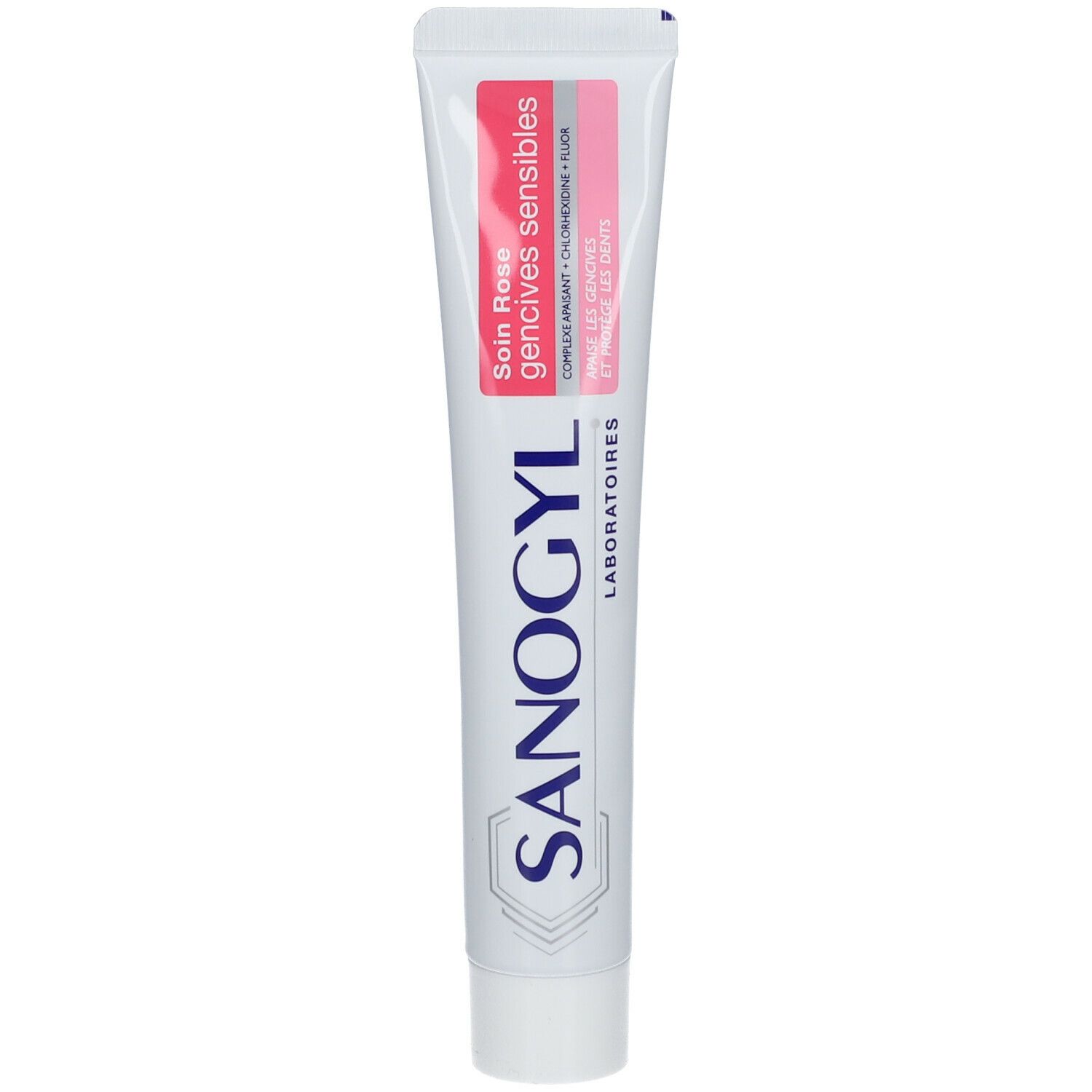 Tube de dentifrice blanc et rose. Inscription: SANOGYL, Soin Rose gencives sensibles.