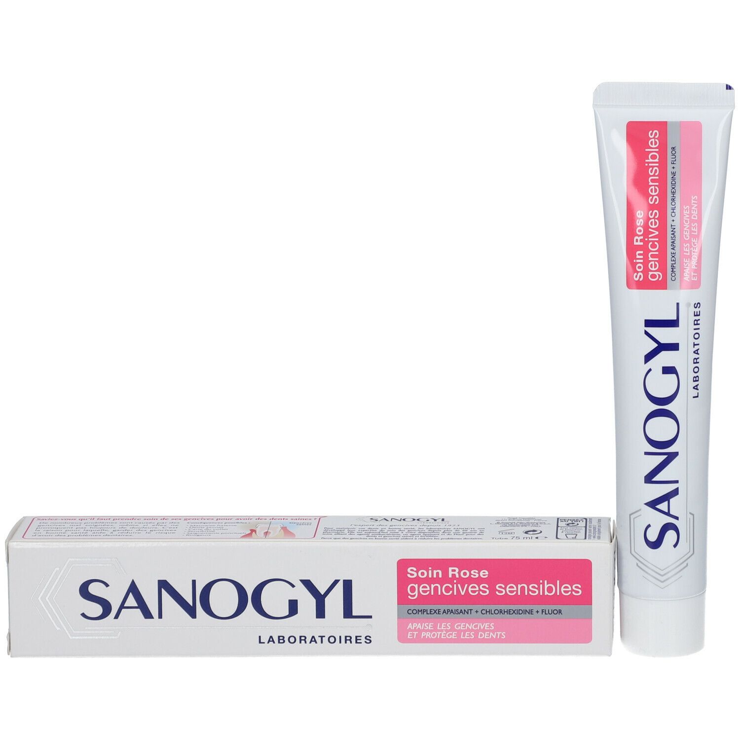 Tube de dentifrice et boîte. Blanc et rose. Inscription: SANOGYL, Soin Rose gencives sensibles.