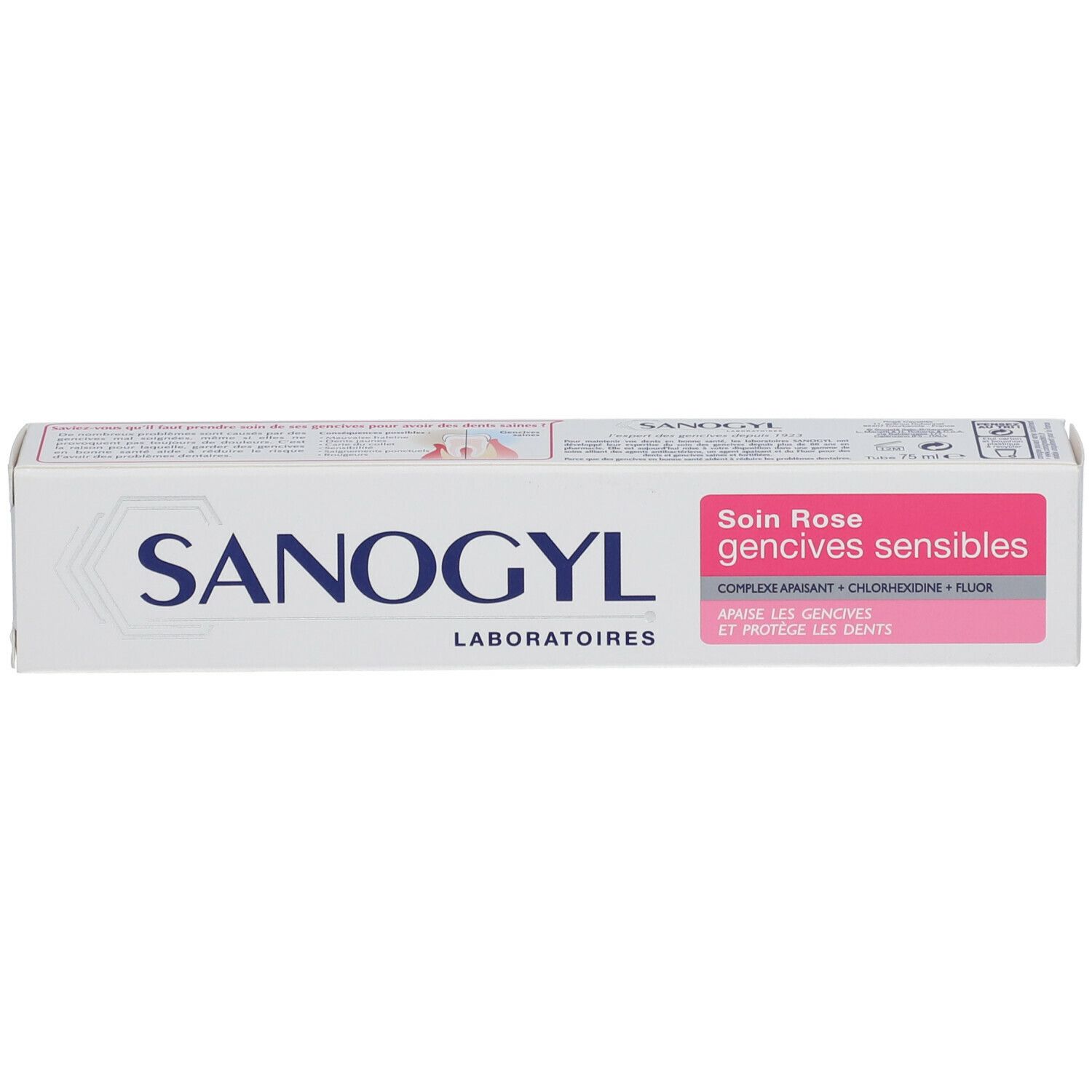 Boîte de dentifrice, blanche et rose. Inscription: SANOGYL, Soin Rose gencives sensibles.