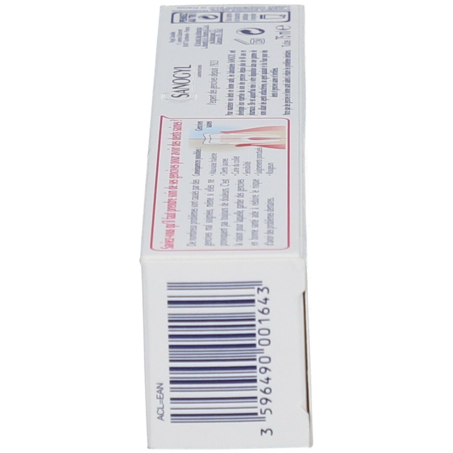 Boîte de dentifrice, vue latérale. Code-barres et texte. Marque: SANOGYL.
