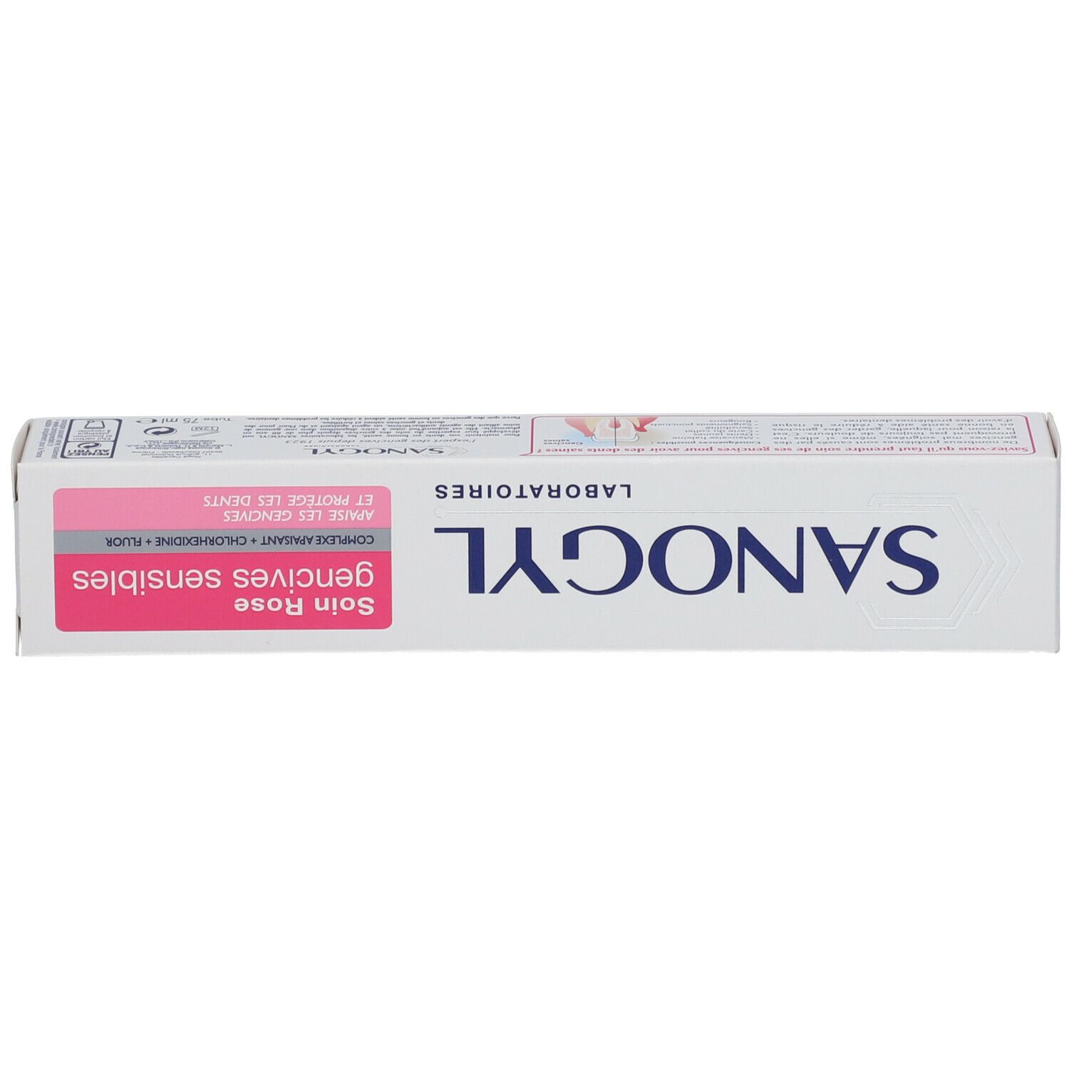 Boîte de dentifrice, blanche et rose. Inscription: SANOGYL, Soin Rose gencives sensibles.