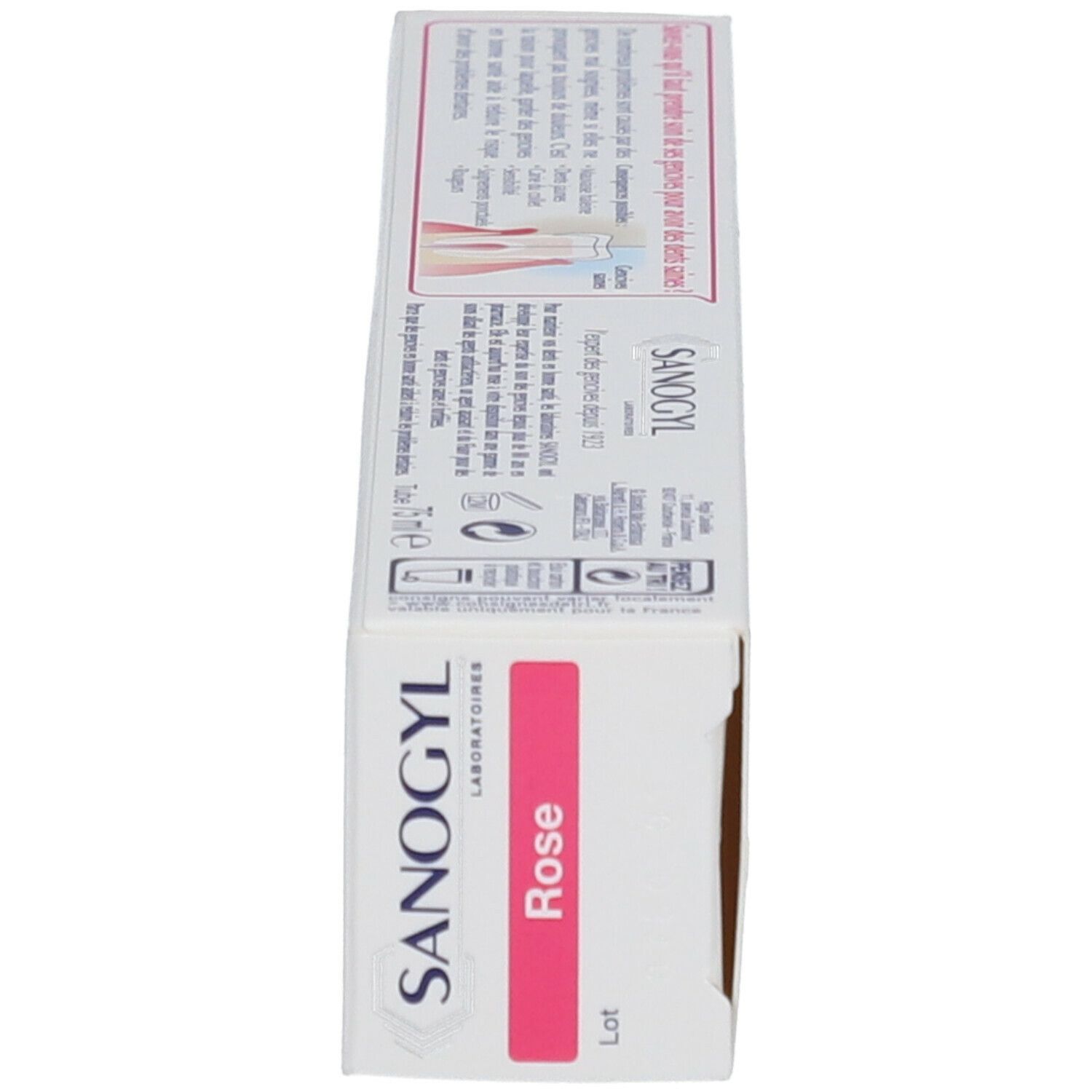Boîte de dentifrice, vue latérale. Texte et marque: SANOGYL.