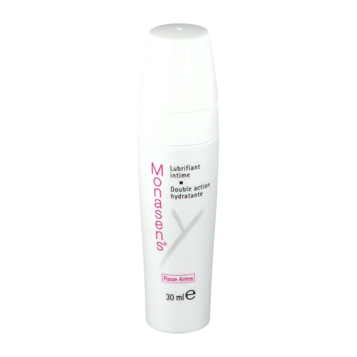 Witte fles met roze tekst. Product: Monasens. Tekst: Lubrifiant intime, Double action hydratante. 30 ml.