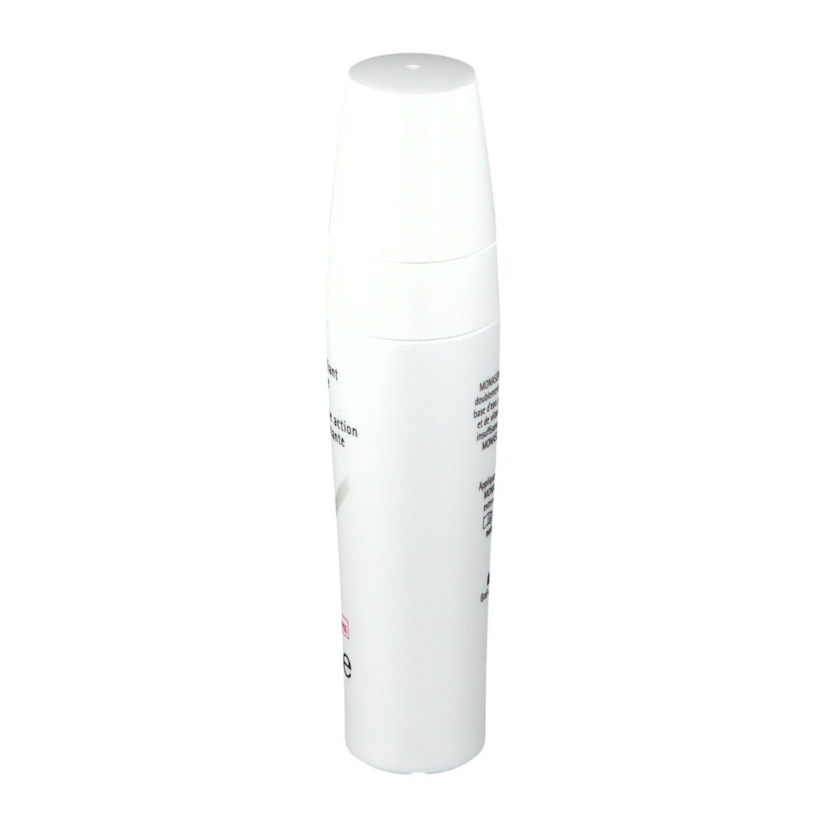 Witte fles, zijaanzicht. Roze tekst. Product: Monasens. Tekst: Lubrifiant intime, Double action hydratante.