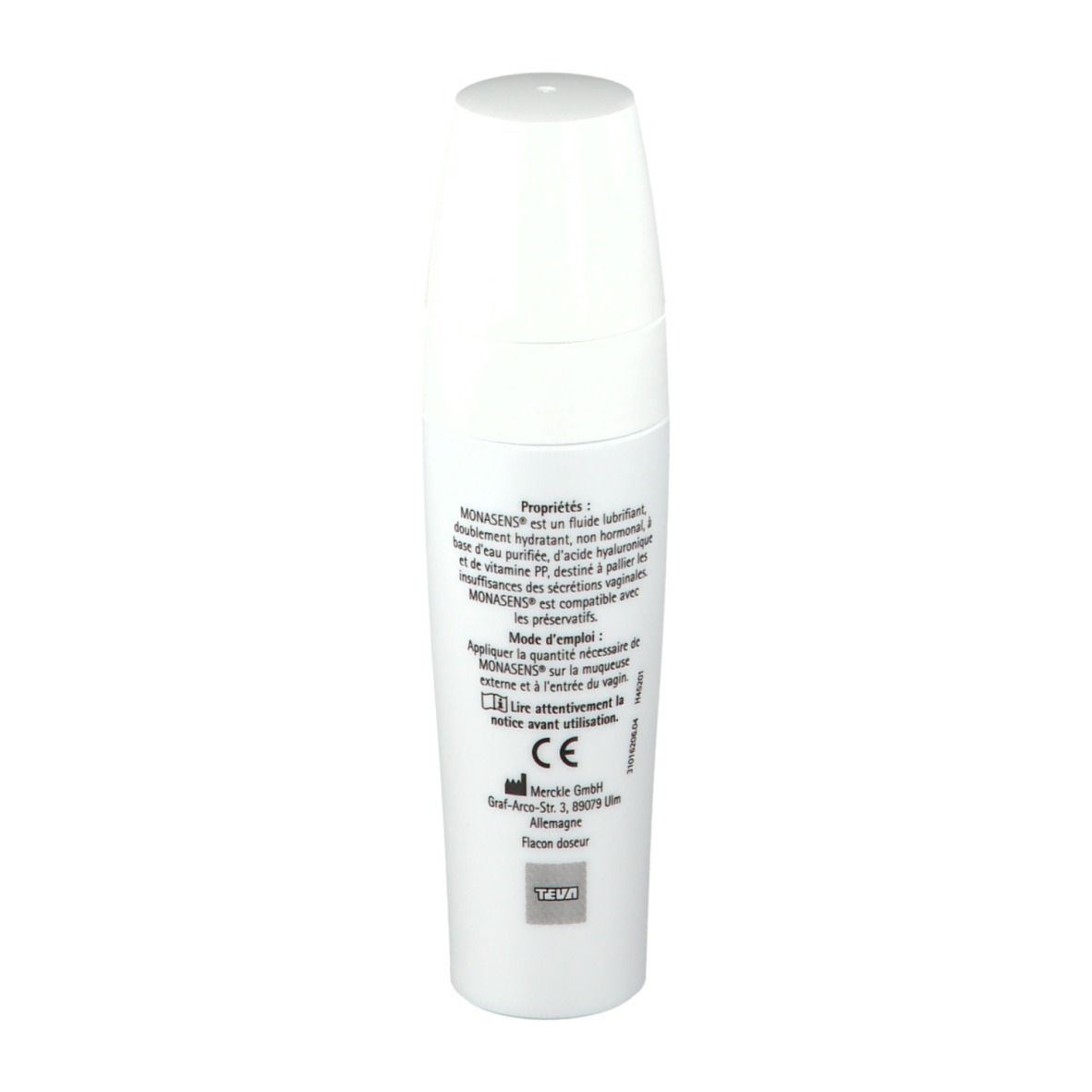 Witte fles, achterkant. Meertalige tekst. CE-markering. Fabrikantenadres. 14 UV.