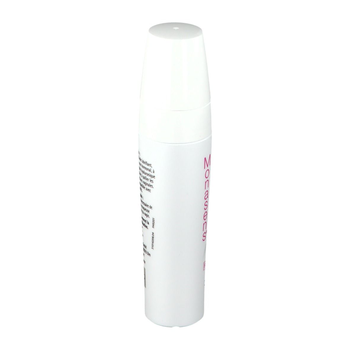 Witte fles, zijaanzicht. Roze tekst. Product: Monasens. Tekst: Lubrifiant intime, Double action hydratante.