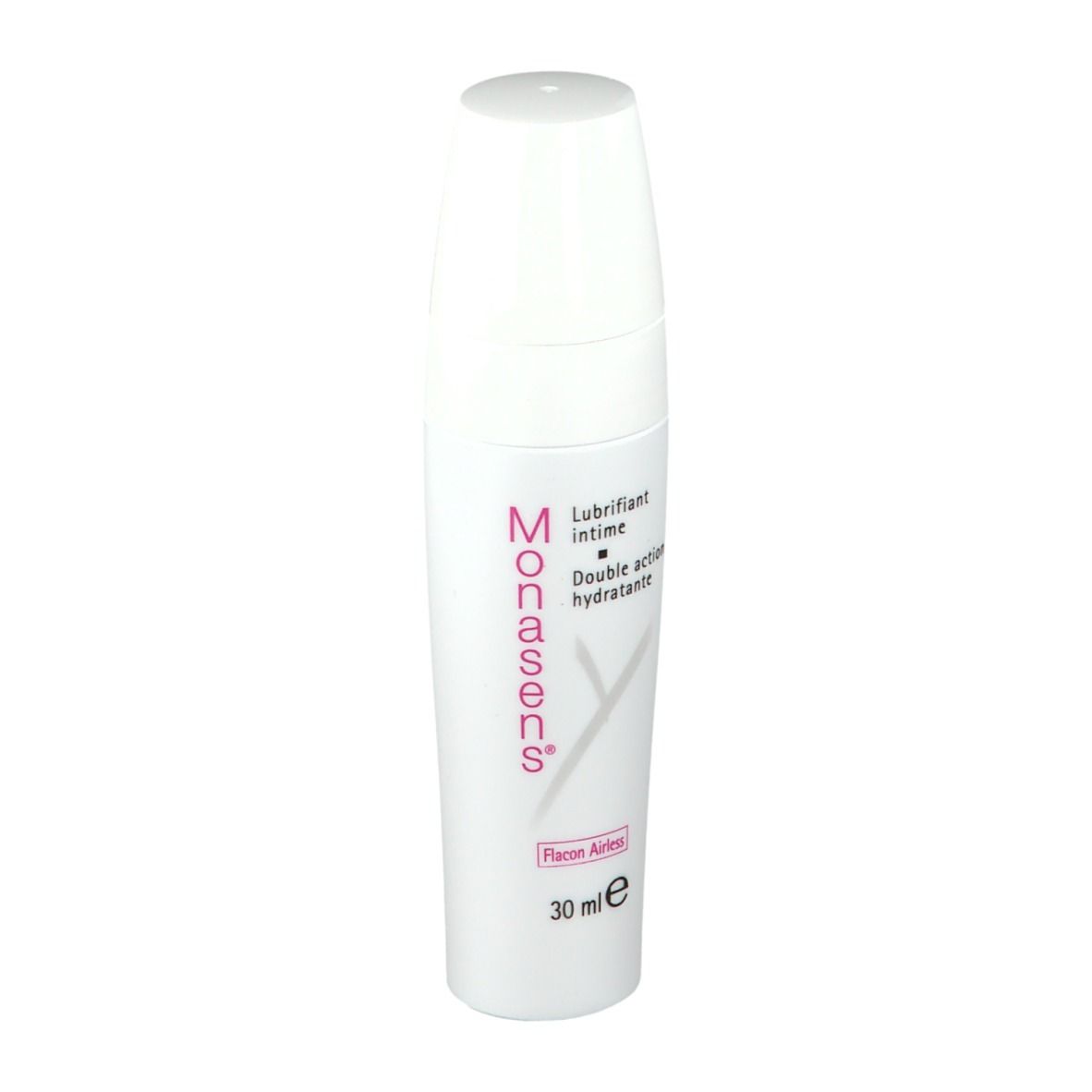 Witte fles met roze tekst. Product: Monasens. Tekst: Lubrifiant intime, Double action hydratante. 30 ml.