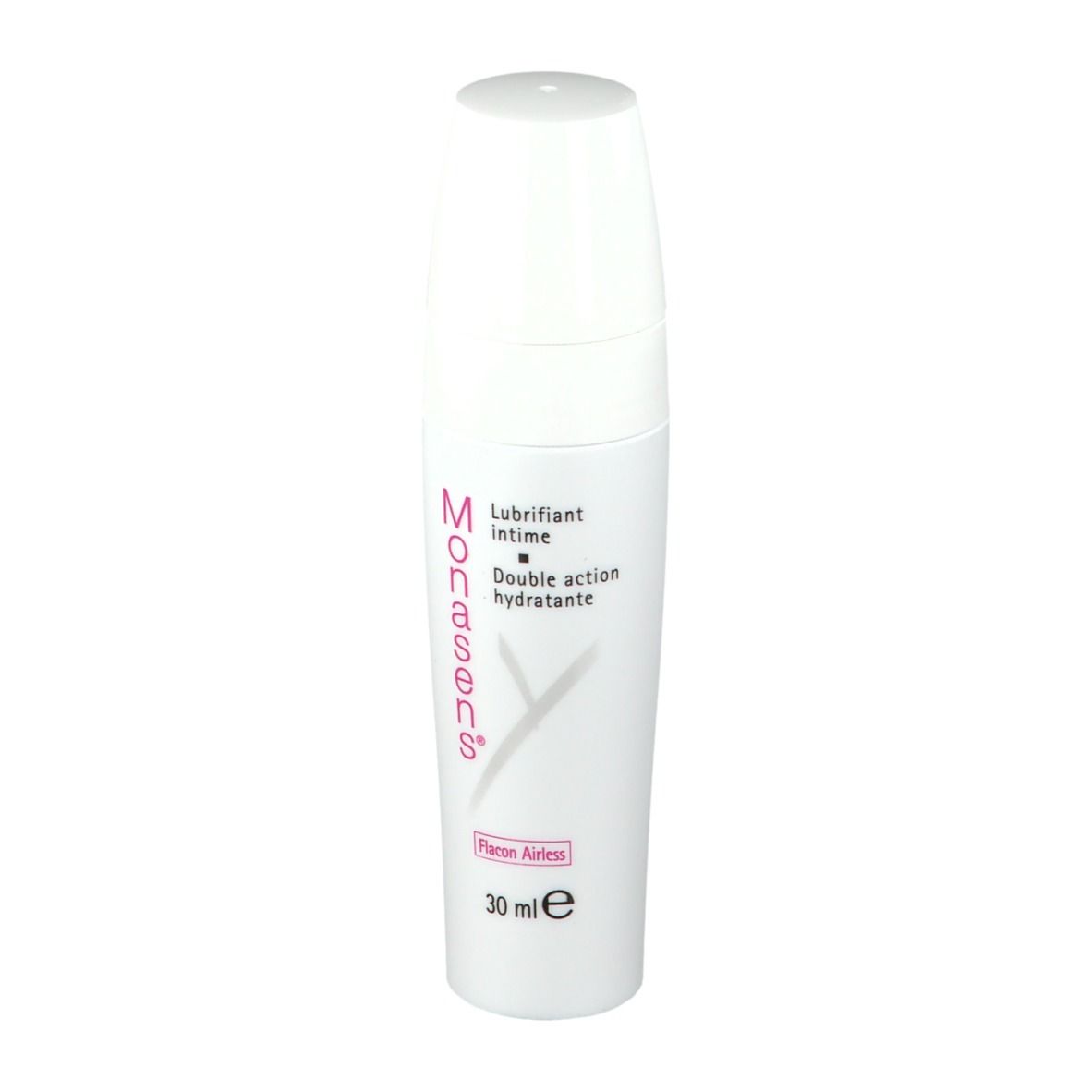 Witte fles met roze tekst. Product: Monasens. Tekst: Lubrifiant intime, Double action hydratante. 30 ml.