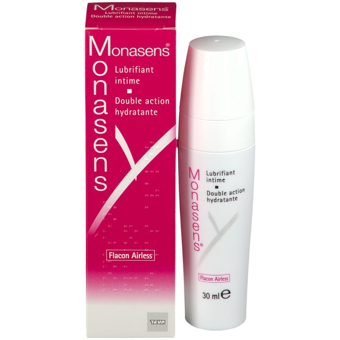 Productverpakking met fles. Roze en wit. Product: Monasens. Tekst: Lubrifiant intime, Double action hydratante. 30 ml.