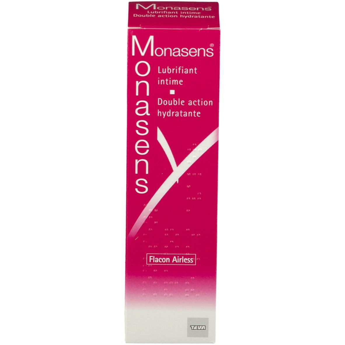 Productverpakking. Roze en wit. Product: Monasens. Tekst: Lubrifiant intime, Double action hydratante.