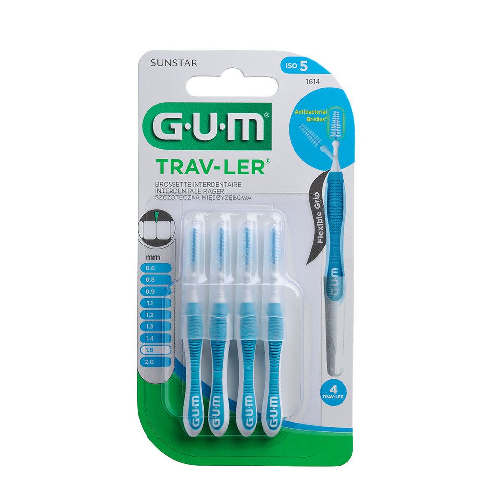 Blisterverpakking met blauwe GUM Trav-ler interdentale borstels. 4 stuks, blauwe handvatten, transparante borstelharen. ISO 5.