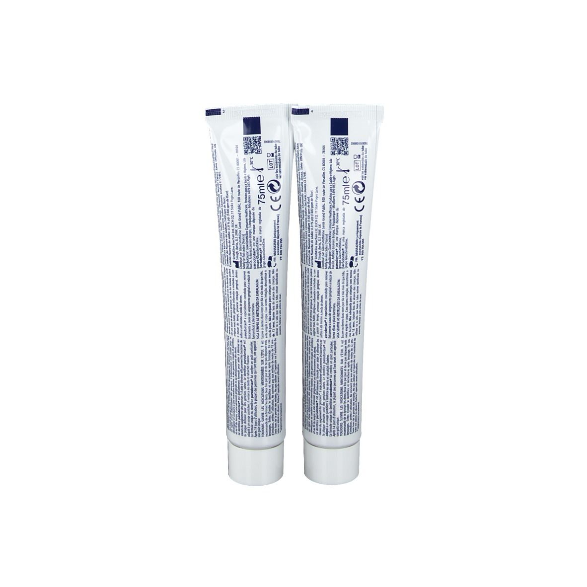 Twee tubes Parodontax Original tandpasta, achterkant. Witte tubes met blauwe tekst en informatie.