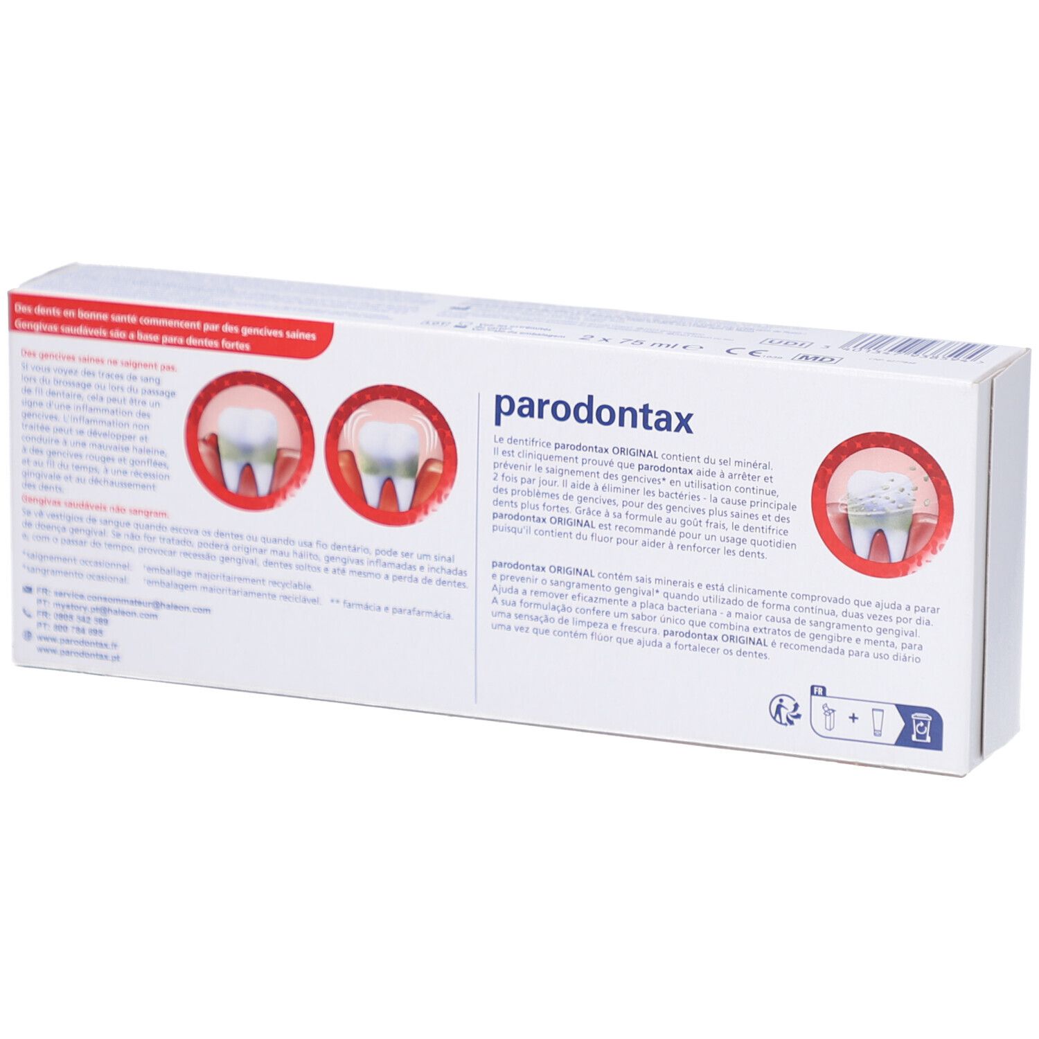 Verpakking van Parodontax Original tandpasta. Wit, met productnaam, illustraties en tekst.