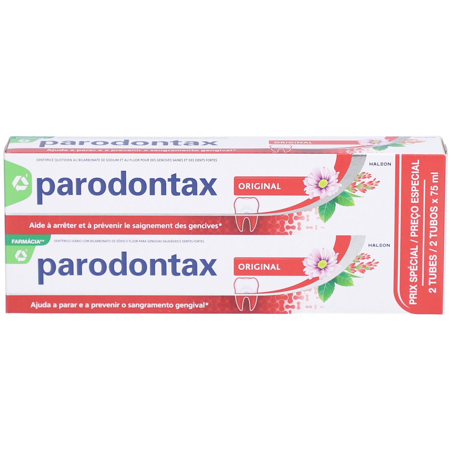 Twee tubes Parodontax Original in een verpakking. Rode en witte verpakking met bloemmotieven en productnaam.
