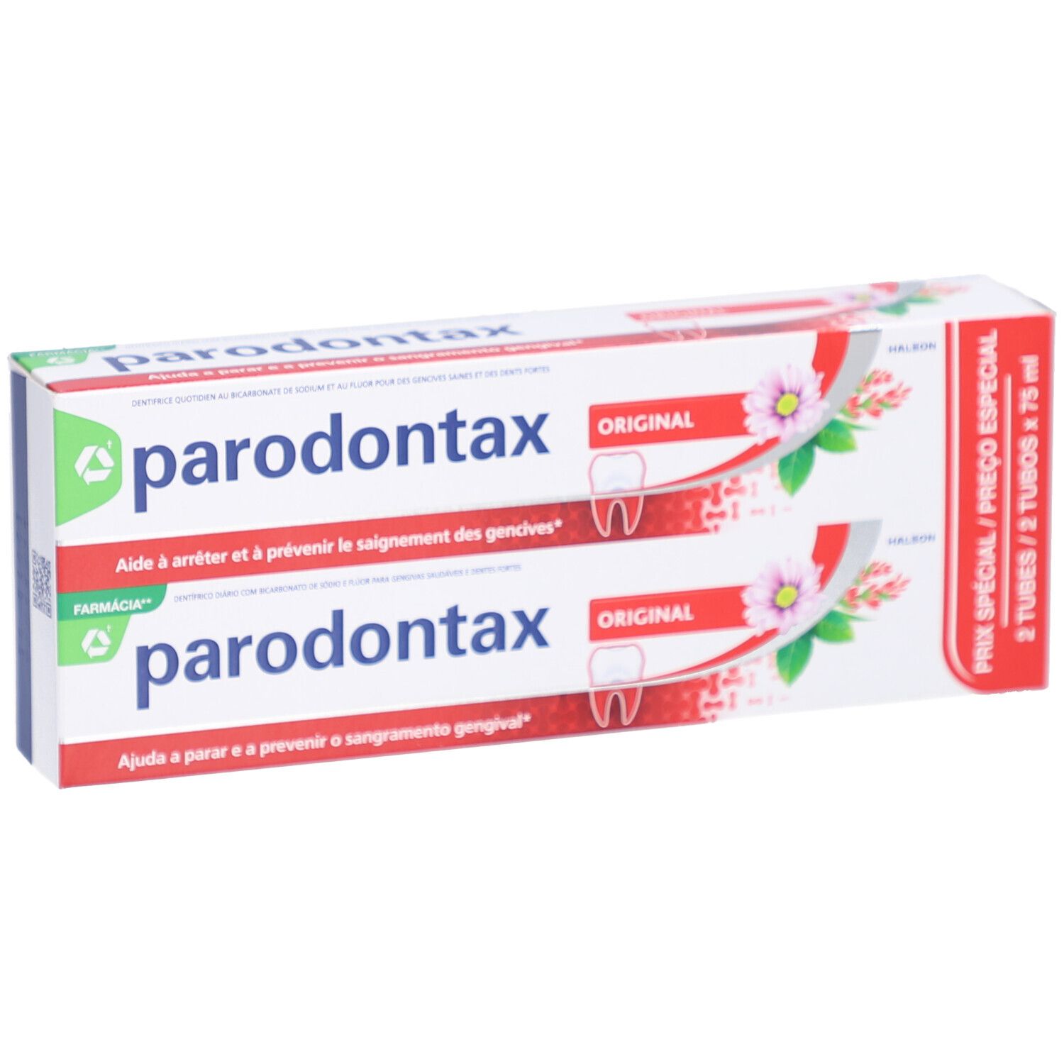 Verpakking van twee tubes Parodontax Original tandpasta. Wit, met productnaam en bloemmotieven.