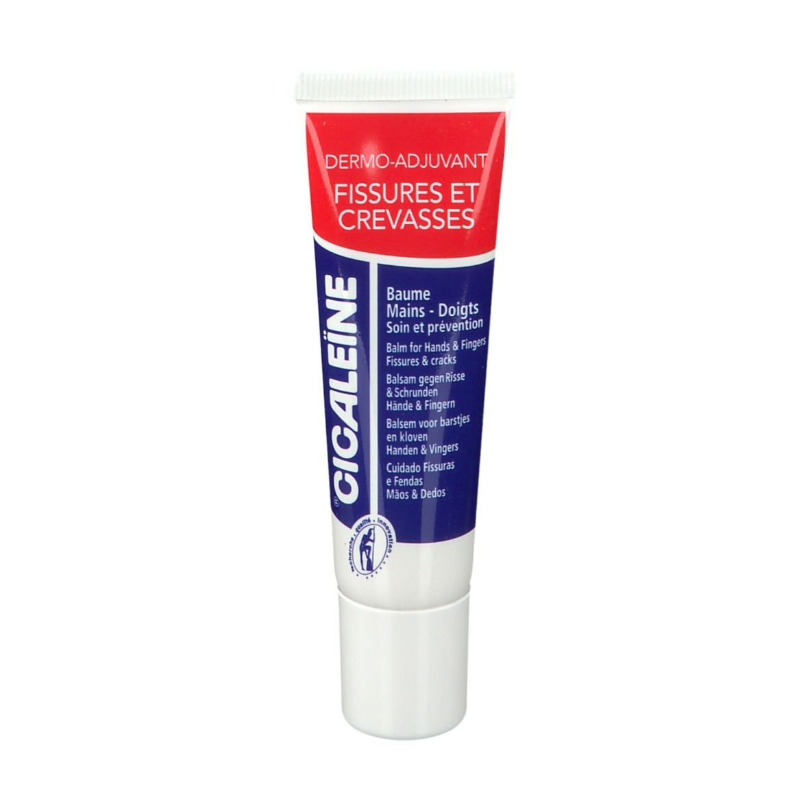 Tube de CICALEiNE. Design rouge, blanc, bleu. Texte: Baume Mains-Doigts, pour mains & doigts.