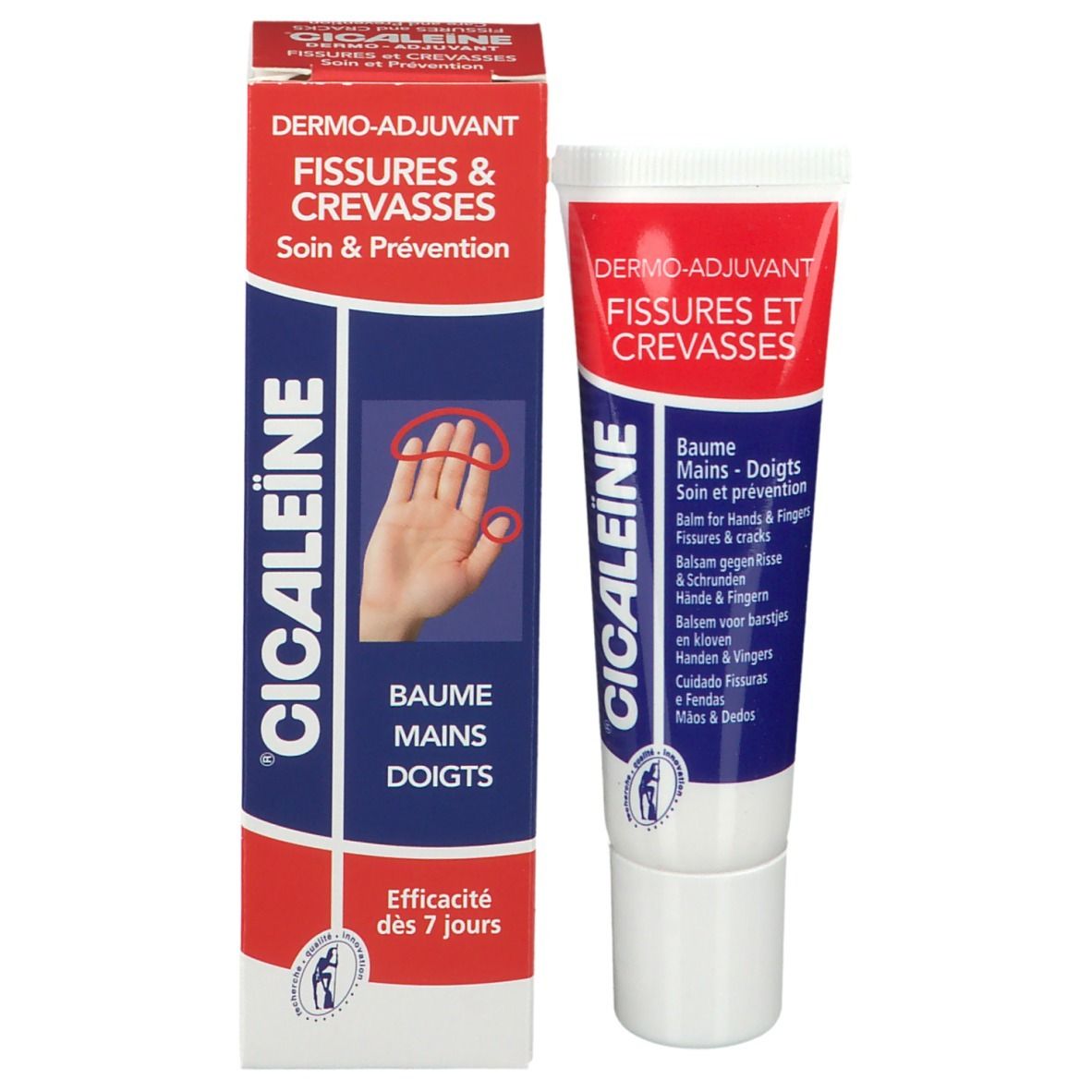 Produit et emballage. Tube et boîte. Texte: CICALEiNE, Baume Mains-Doigts, Fissures & Crevasses.