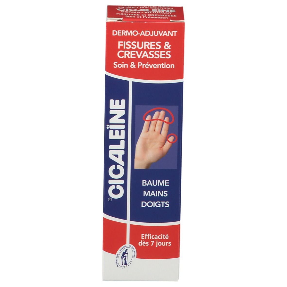 Boîte. Texte: CICALEiNE, Baume Mains-Doigts, Fissures & Crevasses. Image d'une main.