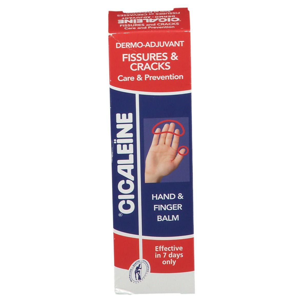 Boîte. Texte: CICALEiNE, Hand & Finger Balm, Fissures & Cracks, Care & Prevention.