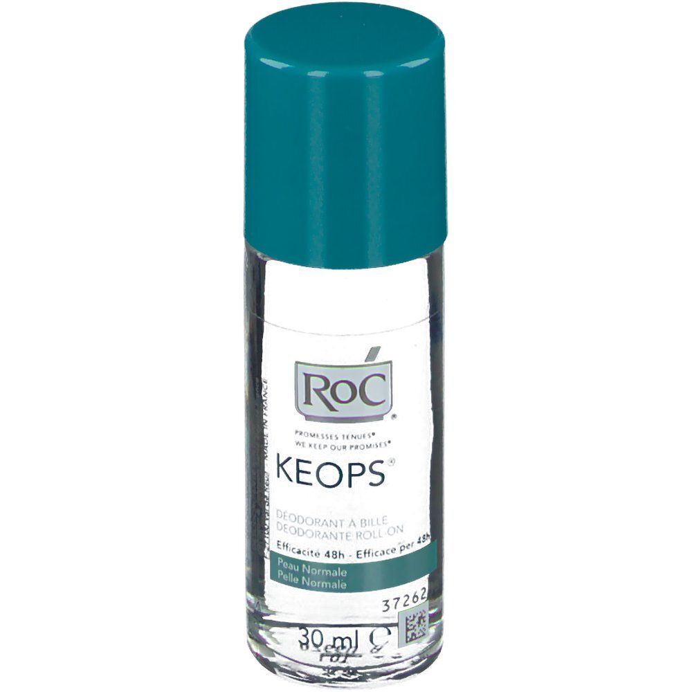Keops roll-on deodorant met blauwe dop. Opschrift Roc, Efficacité 48h. Inhoud 30 ml.