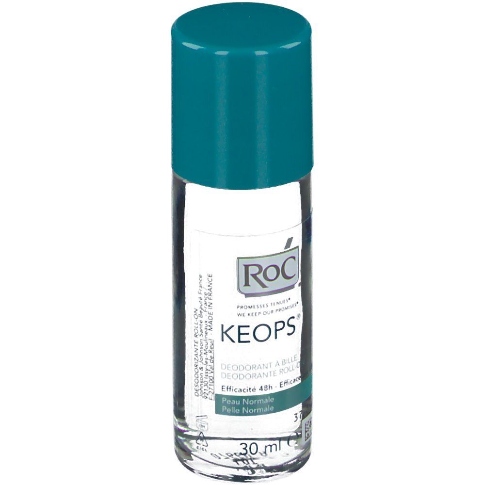 Keops roll-on deodorant met blauwe dop. Opschrift Roc, Efficacité 48h. Inhoud 30 ml.