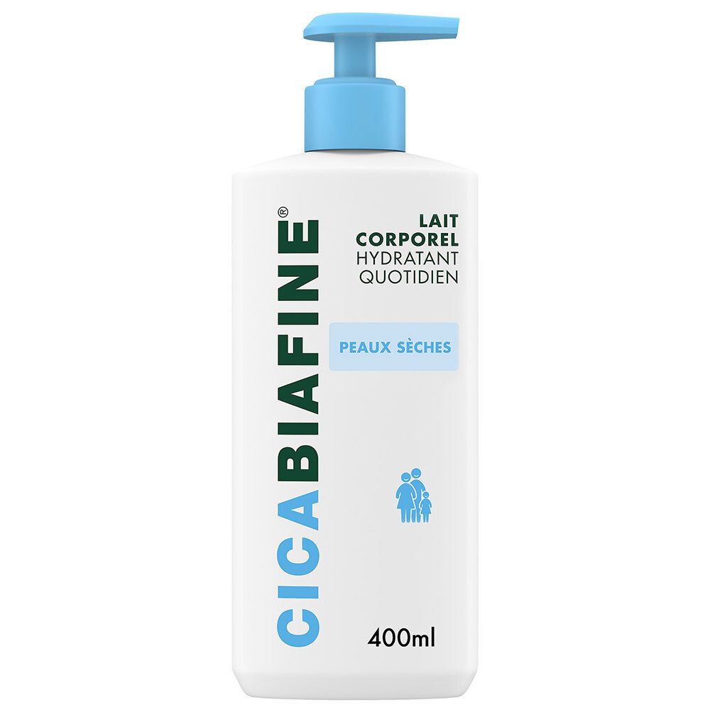 Flacon de lotion CicaBiafine, blanc avec pompe bleue. Texte : Lait Corporel Hydratant Quotidien, Peaux Sèches.