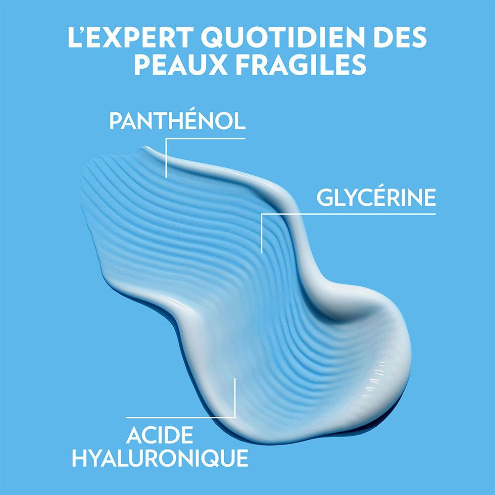 Wit product op blauwe achtergrond. Tekst: Panthenol, Glycérine, Acide Hyaluronique.