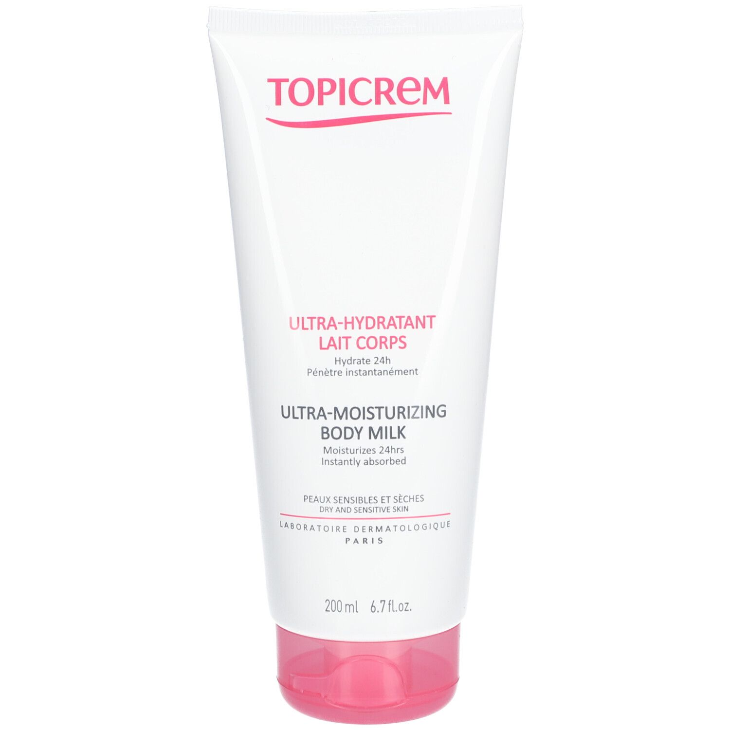 Tube blanc TOPICREM Ultra-Hydratant Lait Corps. Bouchon rose. Texte: Ultra-Hydratant Lait Corps, Ultra-Moisturizing Body Milk. 200 ml.