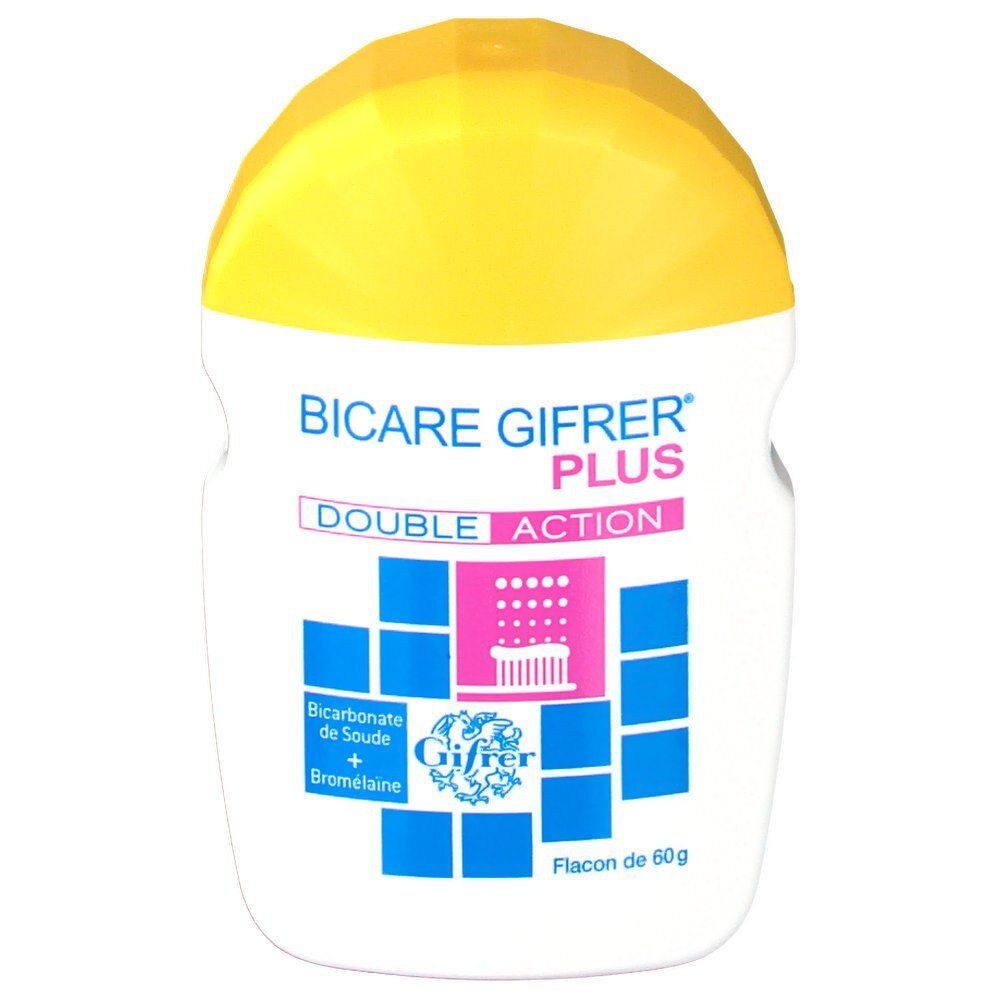 Witte fles met gele dop. Opschrift: Bicare Gifrer Plus, Double Action. Bevat Bicarbonate de Soude + Bromélaïne.