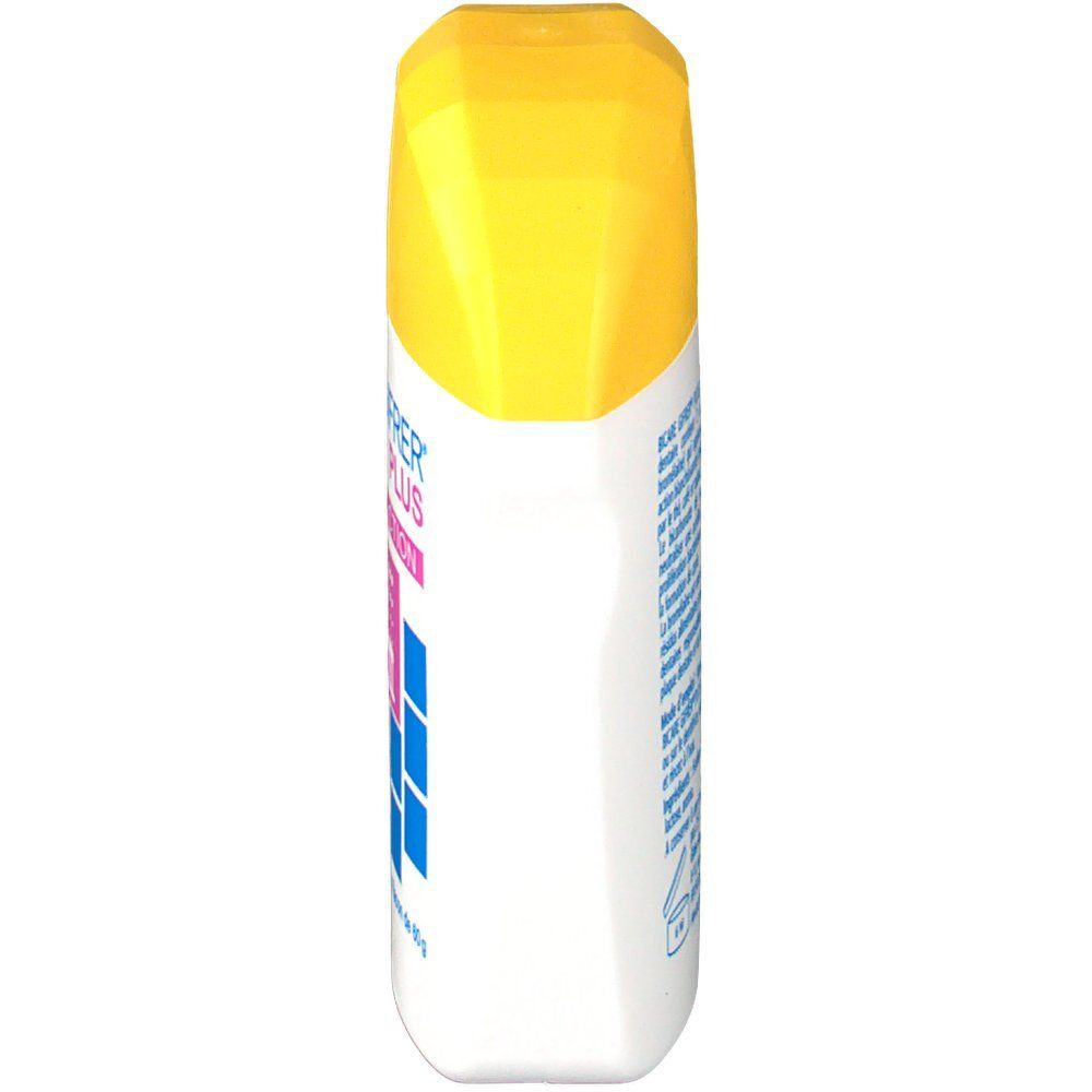 Witte fles met gele dop. Opschrift: Bicare Gifrer Plus. Zijaanzicht.