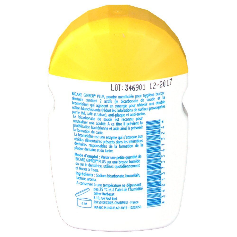 Achterkant van de witte fles met gele dop. Tekstinformatie en ingrediënten.