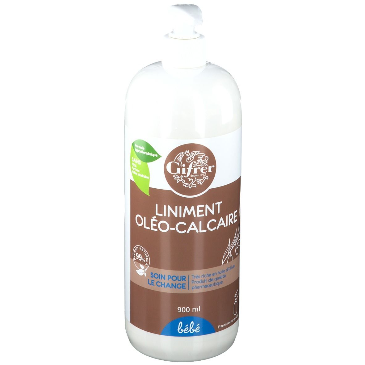 Flacon pompe. Inscription: Gifrer, Liniment Oléo-Calcaire. 900 ml. Pour bébés. Étiquette marron et verte.
