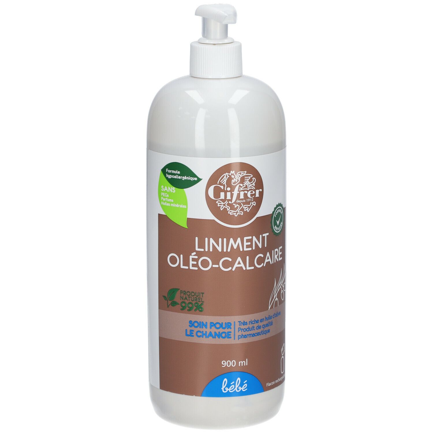 Flacon pompe. Inscription: Gifrer, Liniment Oléo-Calcaire. 900 ml. Pour bébés. Étiquette marron et verte.