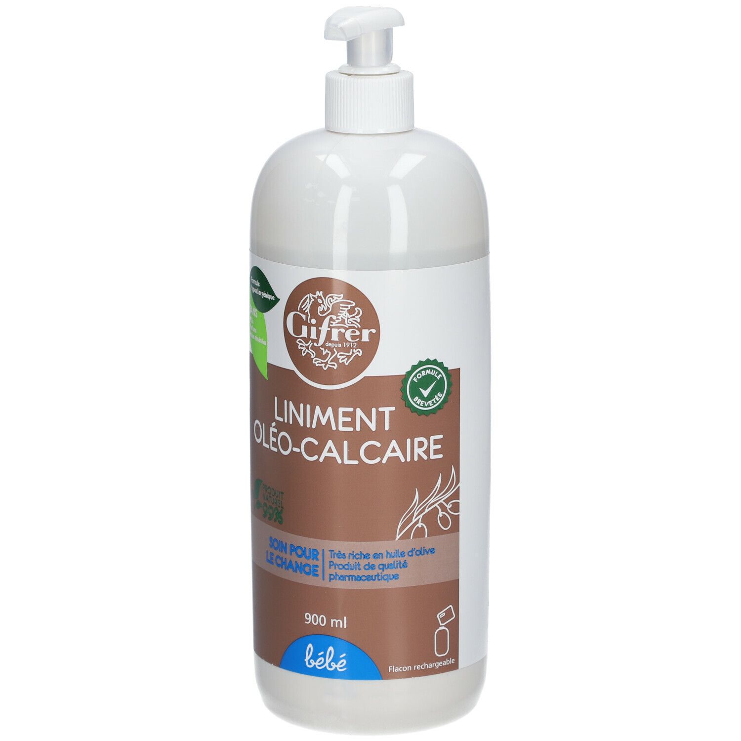 Flacon pompe. Inscription: Gifrer, Liniment Oléo-Calcaire. 900 ml. Pour bébés. Étiquette marron et verte.