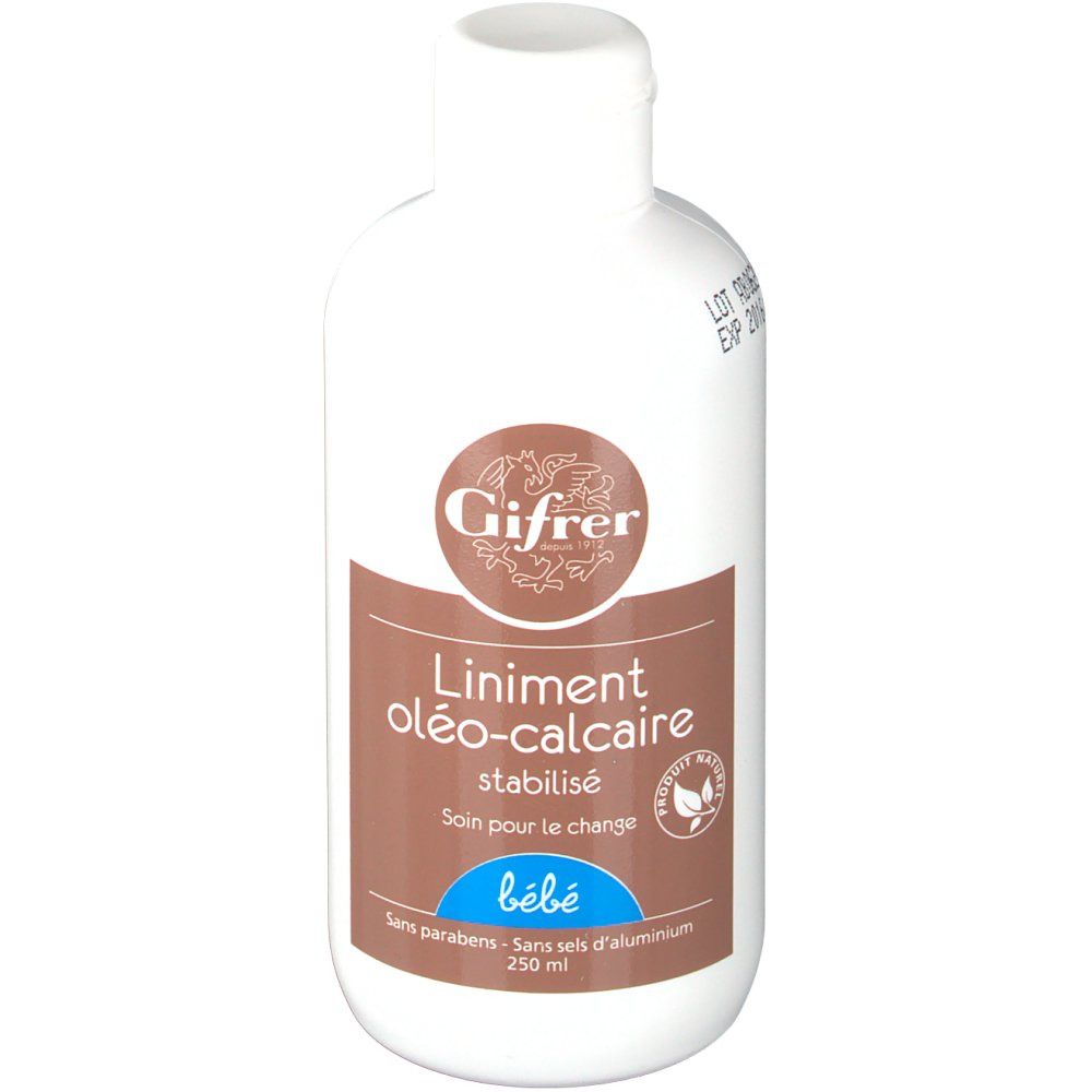 Flacon blanc avec étiquette marron. Inscription: Gifrer, Liniment oléo-calcaire stabilisé, bébé. Avec bouchon.