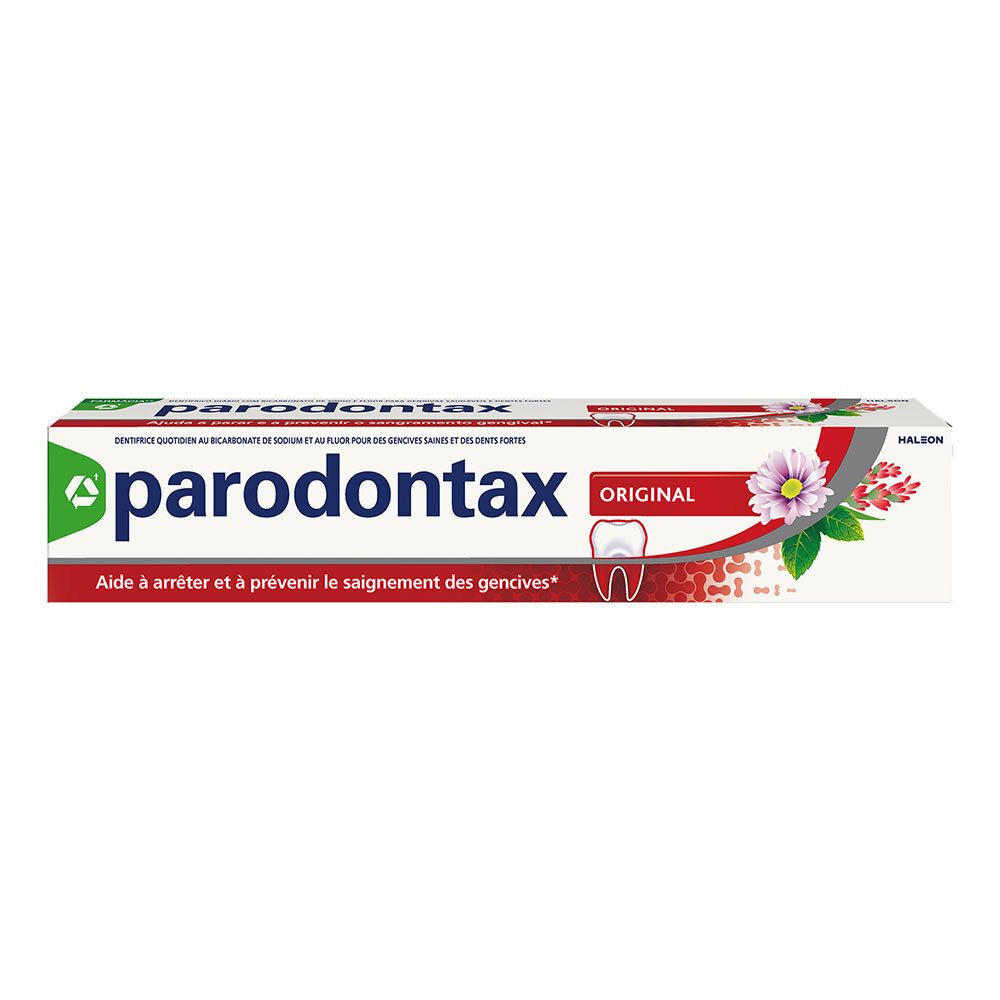 Verpakking van Parodontax Original tandpasta. Wit, rode en groene doos met productnaam en bloemmotief.