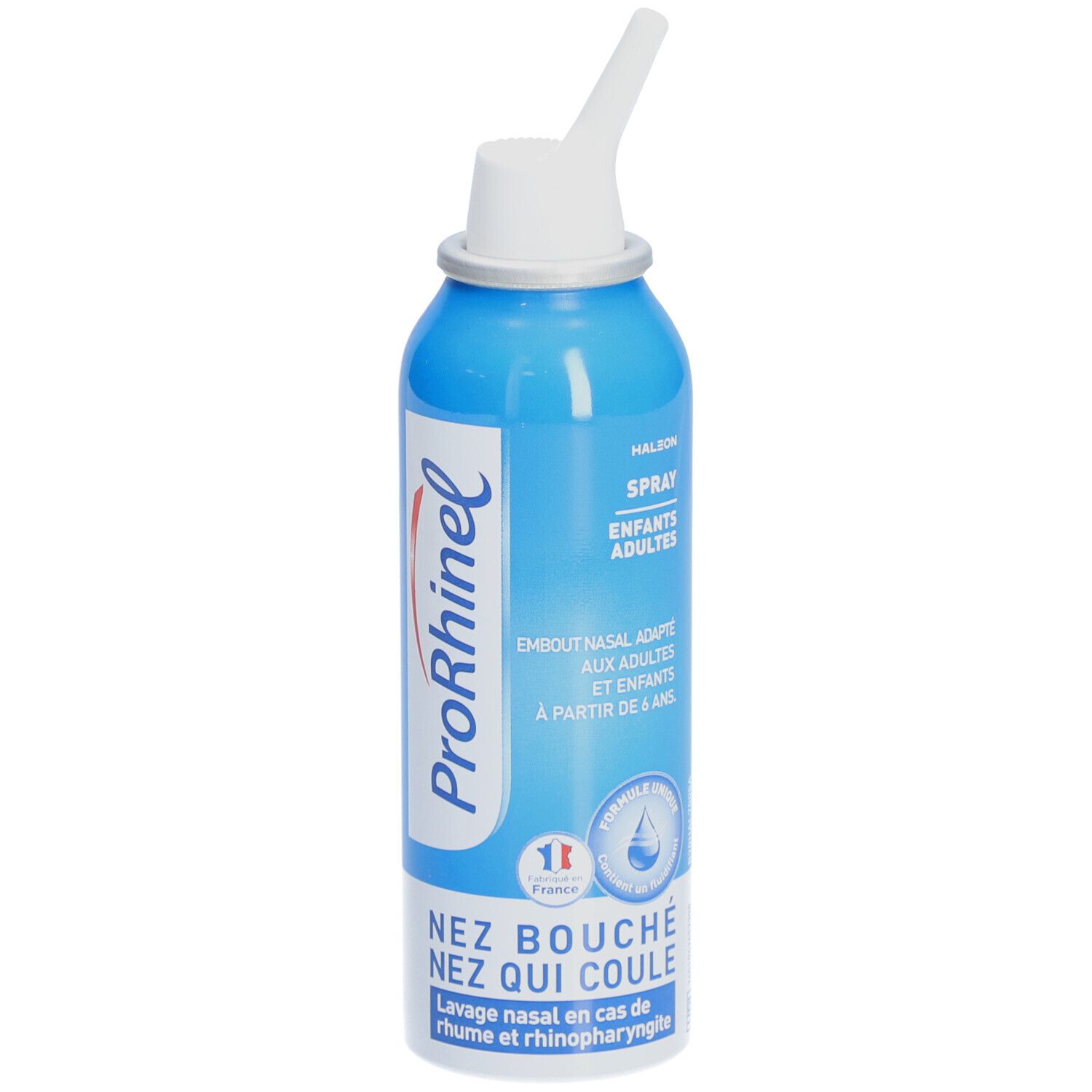 Flacon spray bleu et blanc. Inscription: ProRhinel, Spray Enfants - Adultes. Embout nasal. Pour enfants et adultes.