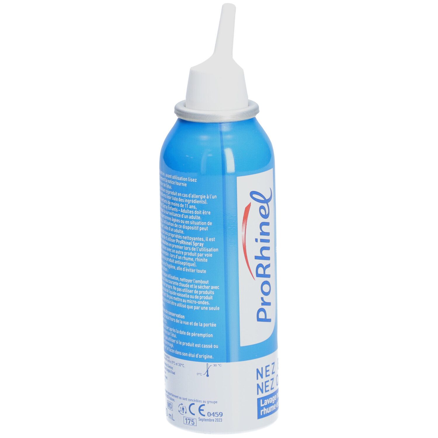 Flacon spray bleu et blanc. Inscription: ProRhinel. Texte et informations au dos. Embout nasal.
