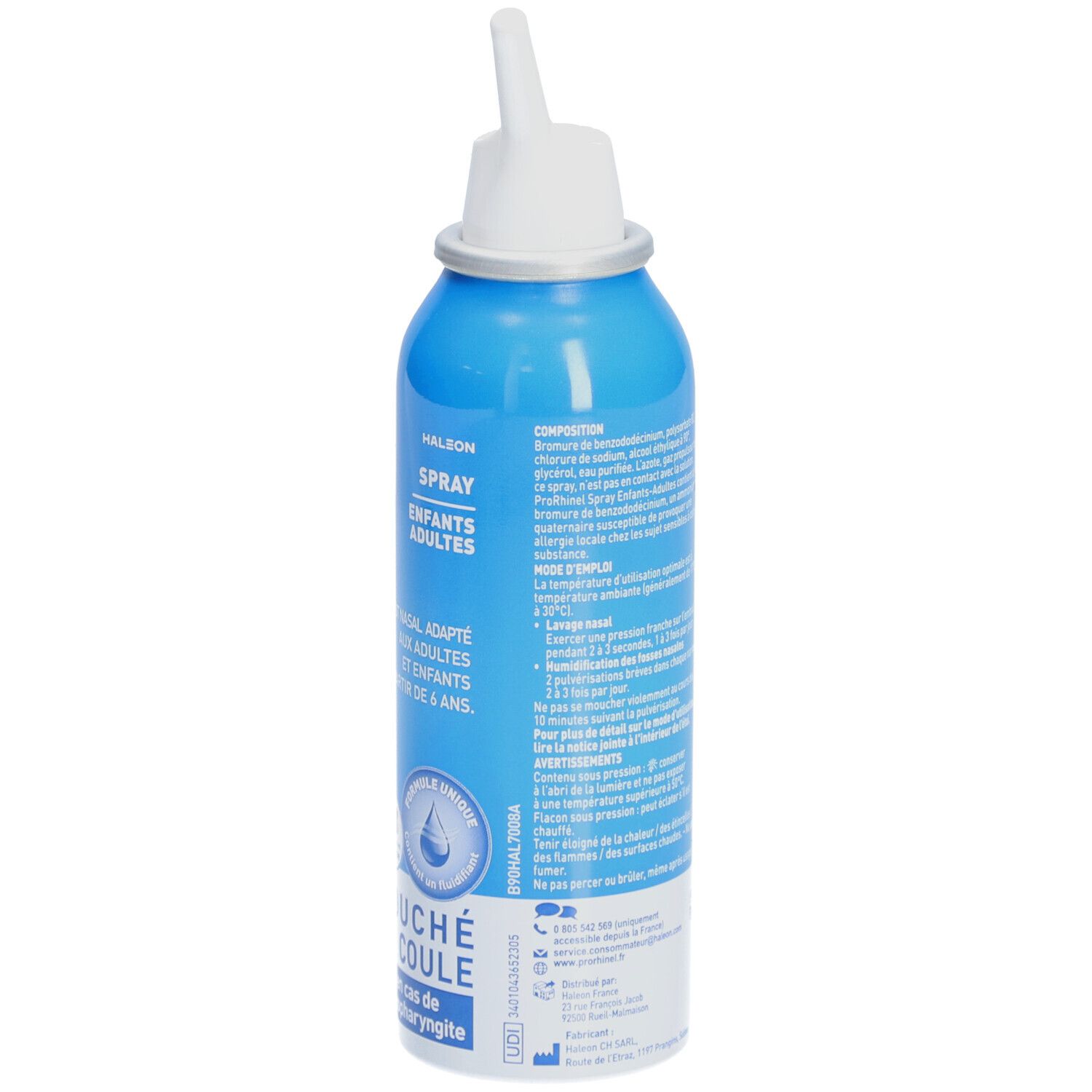 Flacon spray bleu et blanc. Texte et informations au dos. Embout nasal. Inscription: Spray Enfants - Adultes.