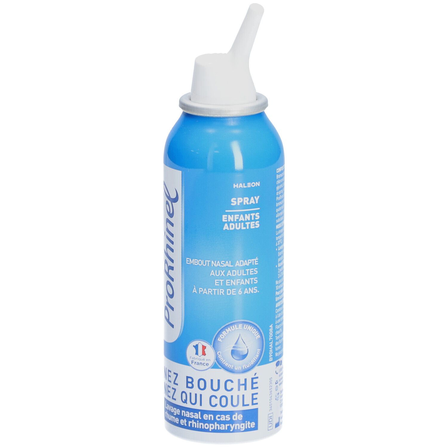 Flacon spray bleu et blanc. Inscription: ProRhinel, Spray Enfants - Adultes. Embout nasal. Pour enfants et adultes.