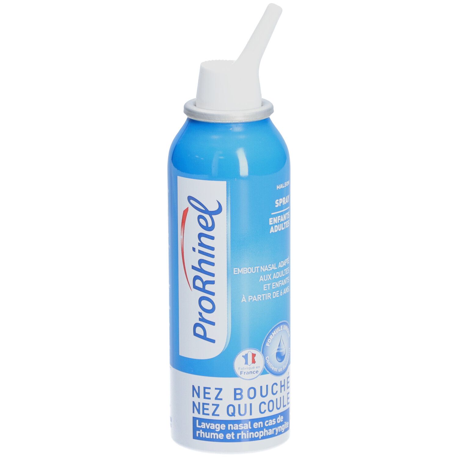 Flacon spray bleu et blanc. Inscription: ProRhinel, Spray Enfants - Adultes. Embout nasal. Pour enfants et adultes.