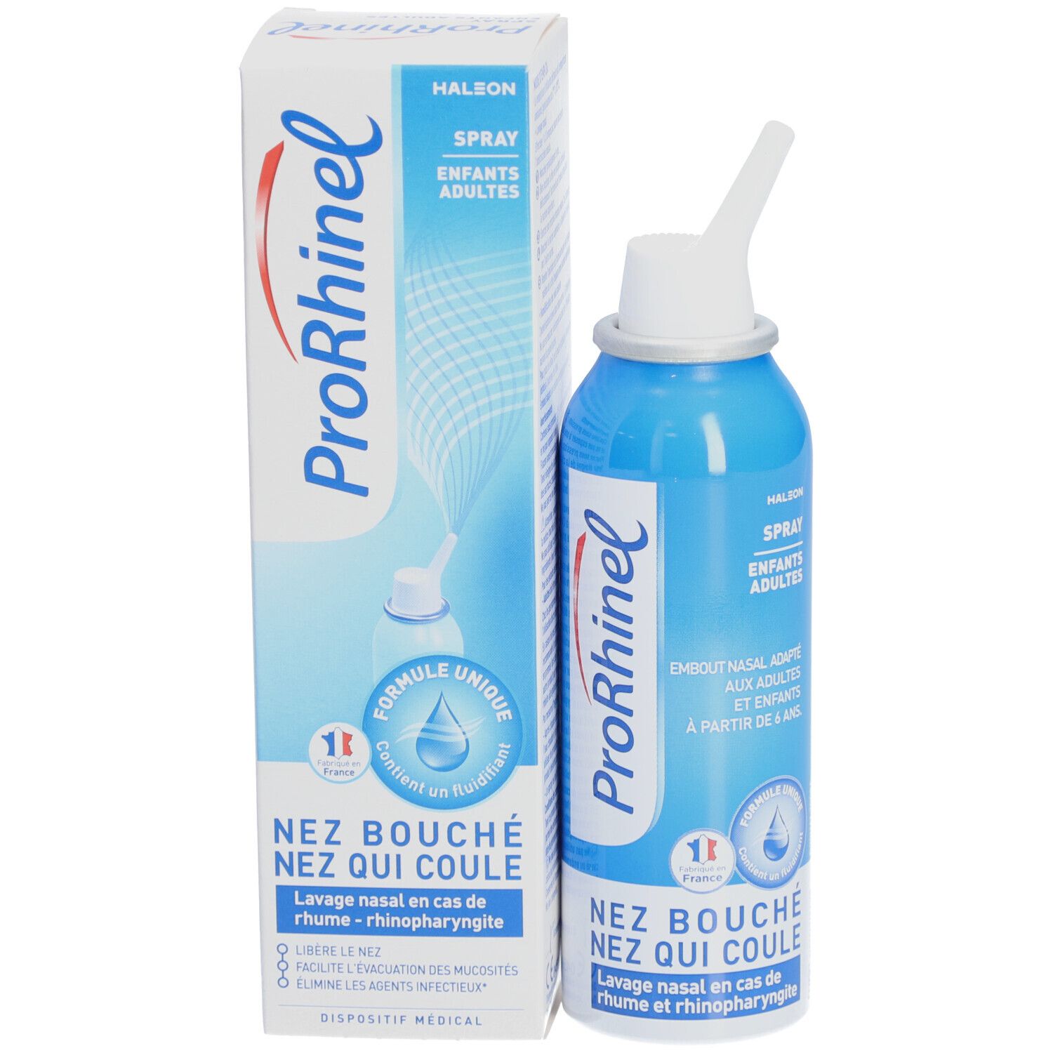 Produit et emballage. Flacon spray bleu et blanc et boîte. Inscription: ProRhinel, Spray Enfants - Adultes.