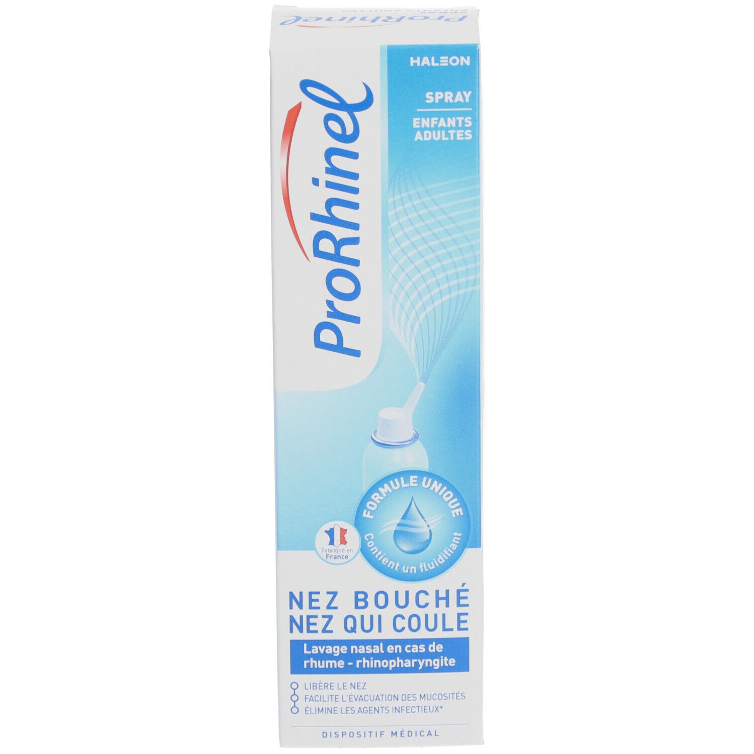 Emballage carton. Inscription: ProRhinel, Spray Enfants - Adultes. Illustration du produit.