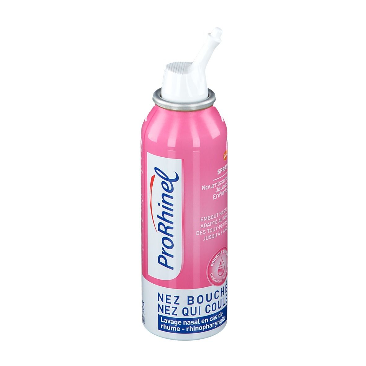 Spray rose avec embout blanc. Logo ProRhinel. Texte: Nez bouché, nez qui coule. Pour nourrissons et jeunes enfants.