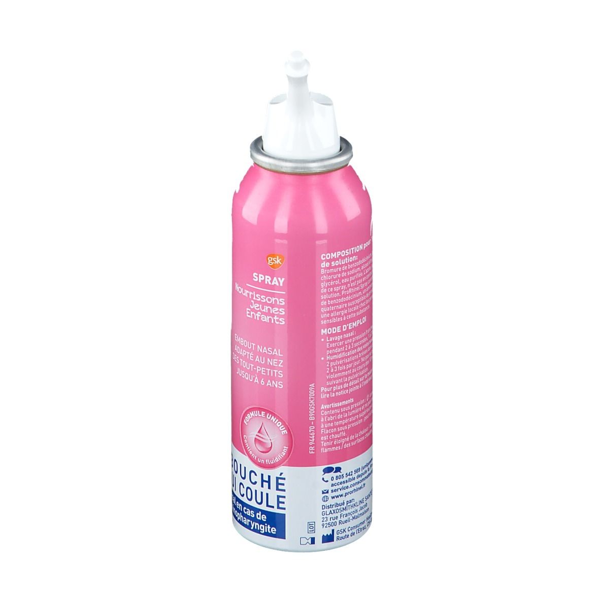 Spray rose avec embout blanc. Texte: Spray, pour nourrissons et jeunes enfants. Nez bouché, nez qui coule. Informations détaillées.