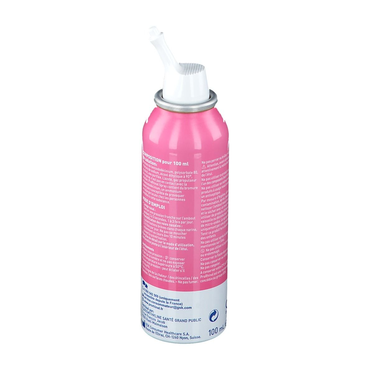 Spray rose avec embout blanc. Dos avec texte. 100 ml. Informations sur la composition et l'utilisation.